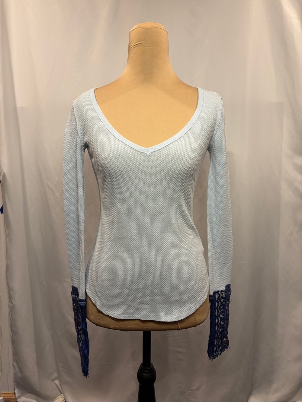 Free People Light Blue Long Sleeve Waffle Shirt